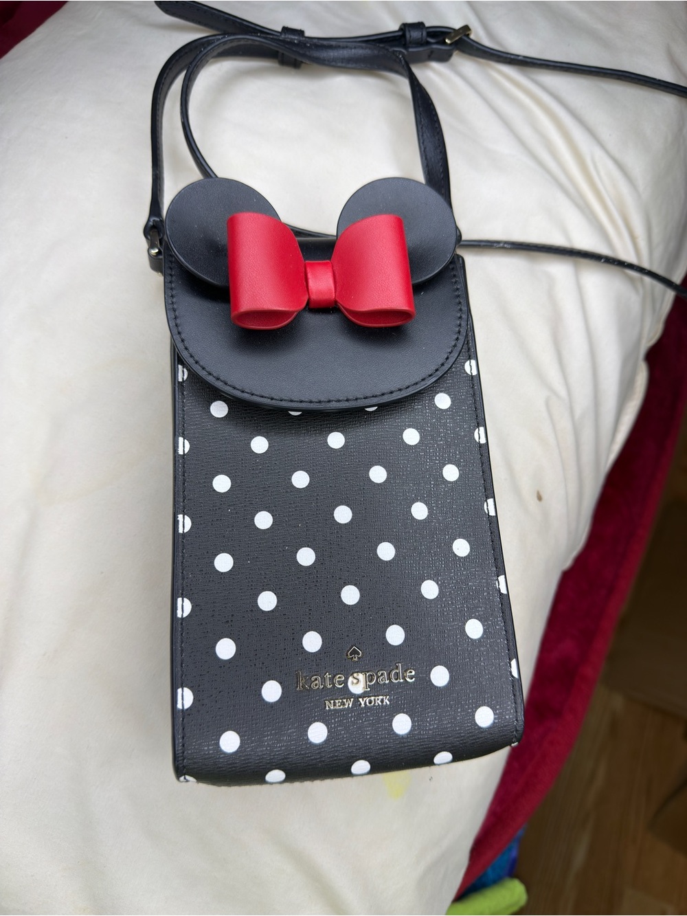 kate spade Minnie mouse Black Polka Dot Minnie Crossbody with Red Bow